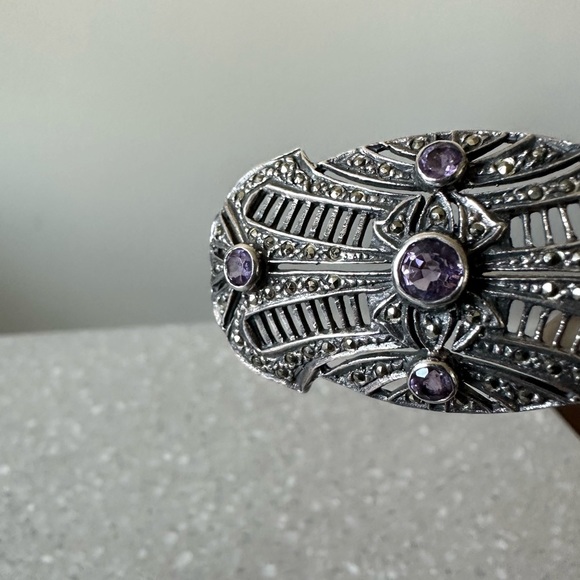 Art Deco Sterling Silver Natural Amethyst & Marcasite Brooch Stamped Makers Mark - Picture 9 of 11